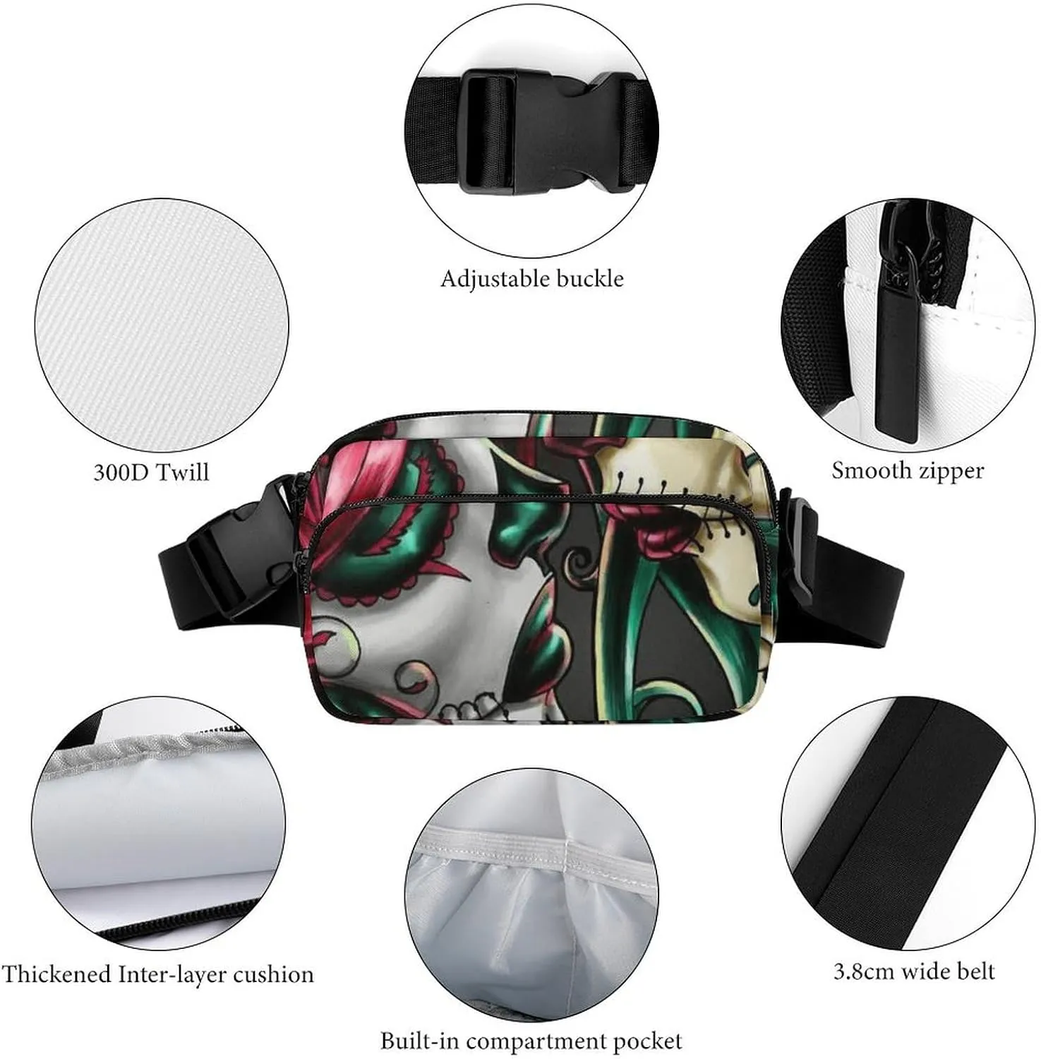 Halloween Sugar Skull Red And Green Hair Art Convenient And Efficient Fully Printed Waist Bag