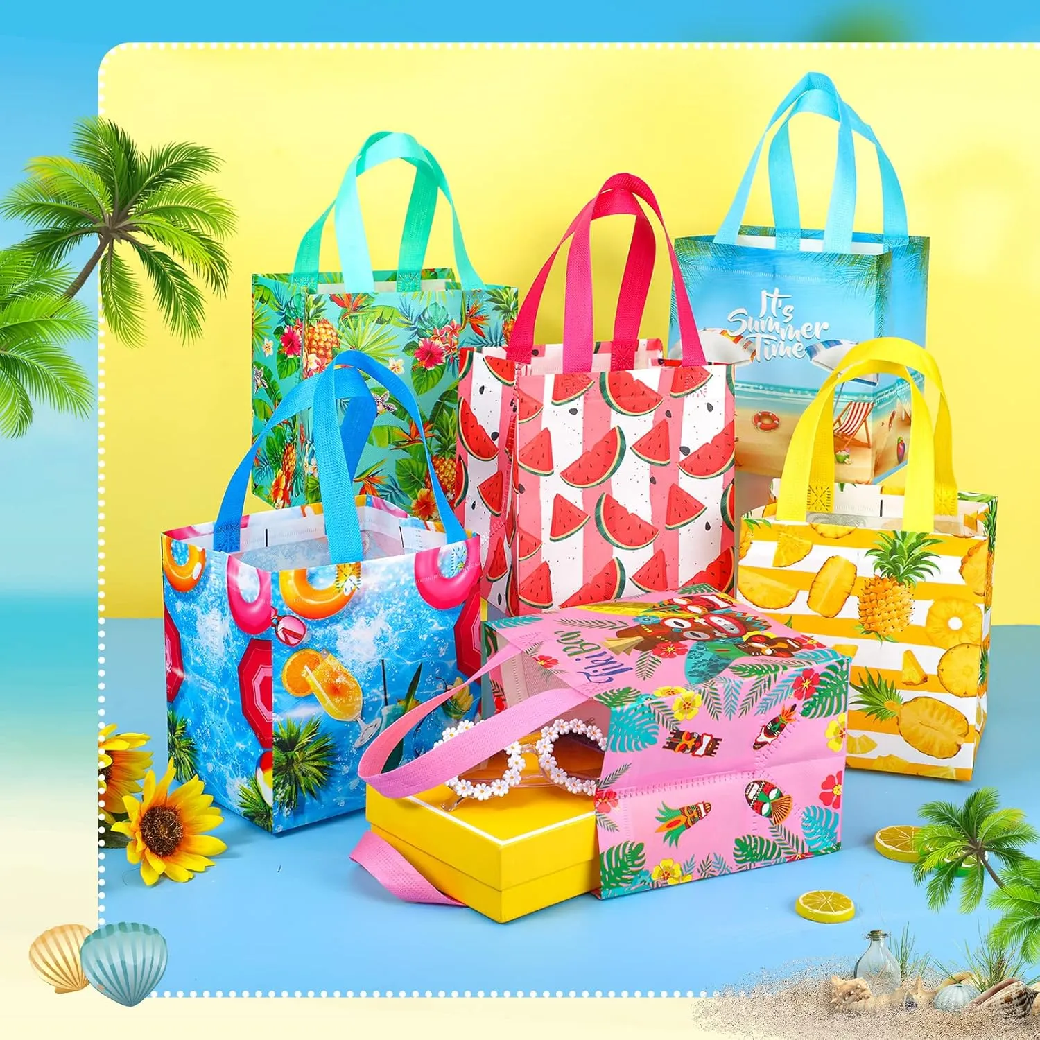 Hillban 60 Pcs 8 x 8 x 6 Inch Summer Party Favor Bags Fruit Gift Treat Bags Hawaii Aloha Goodie Totes Summer Beach Pineapple Watermelon Non Woven Totes with Handles for Party Supplies