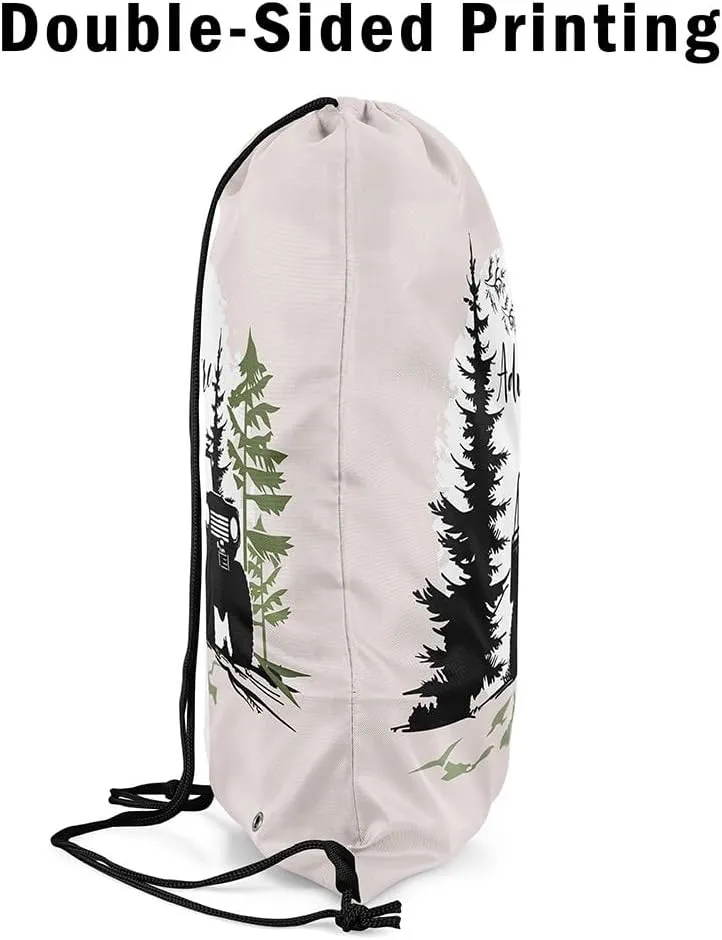 Homewish Adventure Theme Drawstring Backpack Black Off-Road Vehicle Silhouette Draw String Bag for Gym Yoga Jungle Pine Trees Sun Graffiti Camping Water Resistant Sports Sackpack for Adults 13"x16"