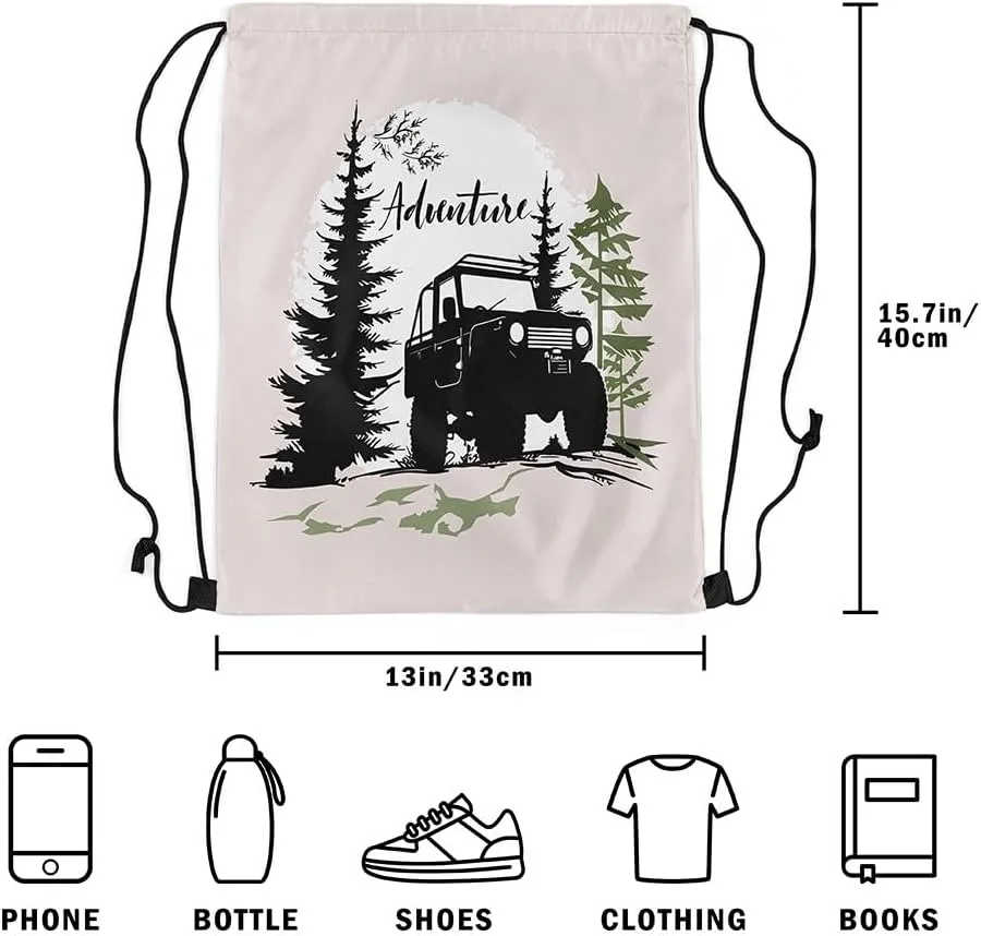 Homewish Adventure Theme Drawstring Backpack Black Off-Road Vehicle Silhouette Draw String Bag for Gym Yoga Jungle Pine Trees Sun Graffiti Camping Water Resistant Sports Sackpack for Adults 13"x16"