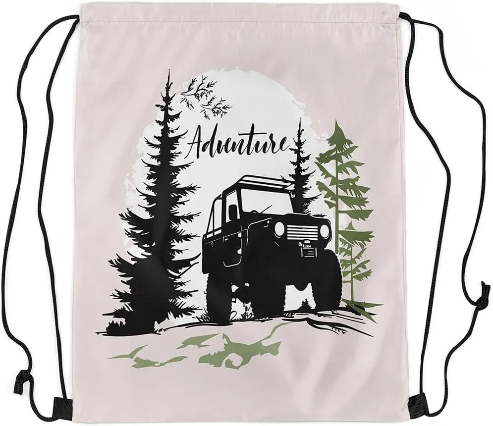 Homewish Adventure Theme Drawstring Backpack Black Off-Road Vehicle Silhouette Draw String Bag for Gym Yoga Jungle Pine Trees Sun Graffiti Camping Water Resistant Sports Sackpack for Adults 13"x16"