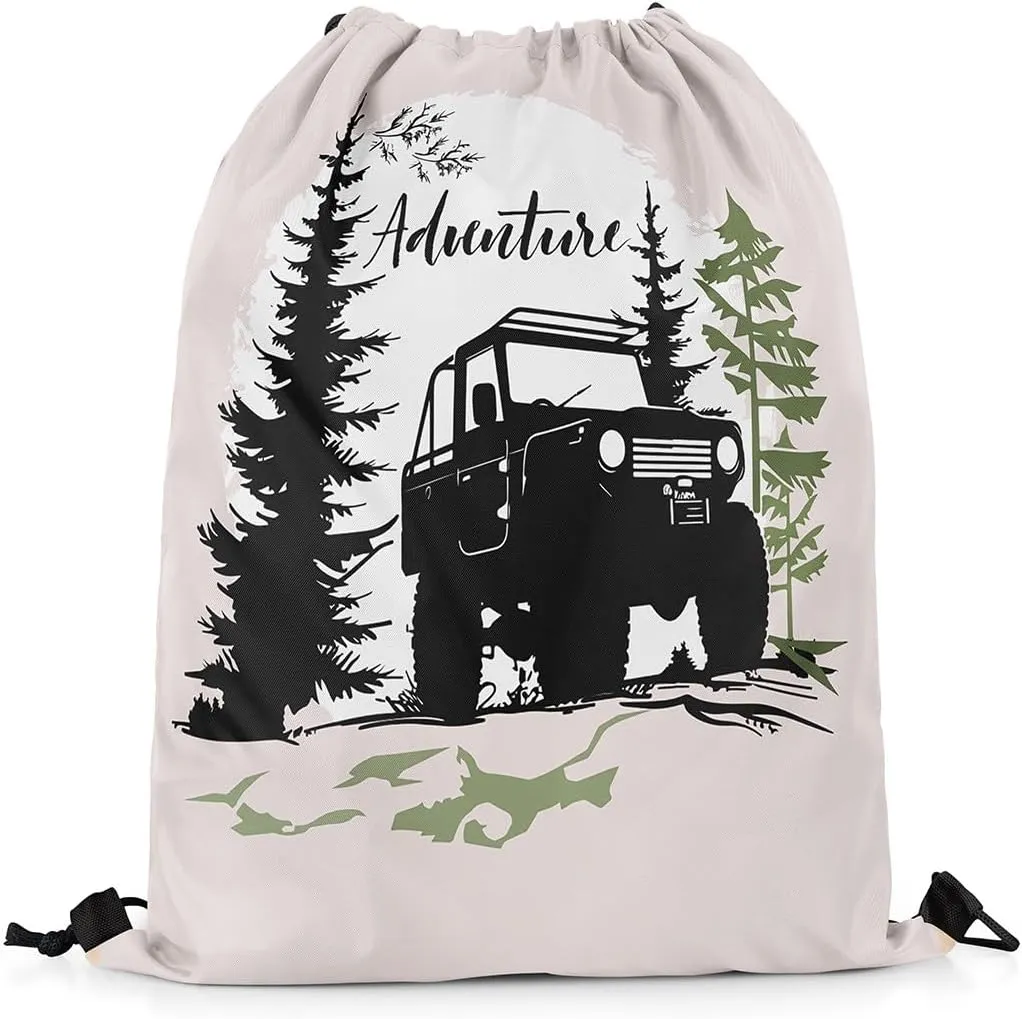 Homewish Adventure Theme Drawstring Backpack Black Off-Road Vehicle Silhouette Draw String Bag for Gym Yoga Jungle Pine Trees Sun Graffiti Camping Water Resistant Sports Sackpack for Adults 13"x16"