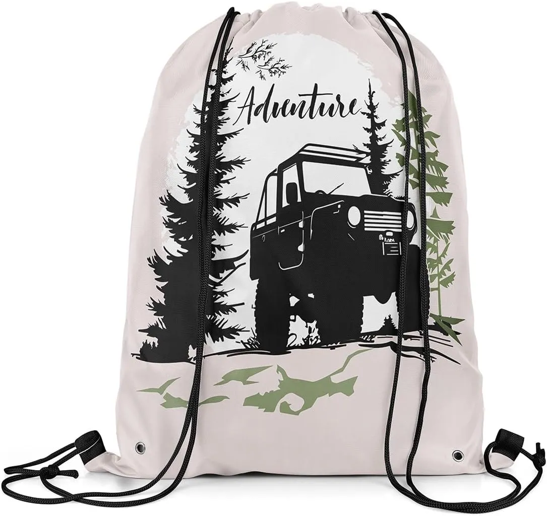 Homewish Adventure Theme Drawstring Backpack Black Off-Road Vehicle Silhouette Draw String Bag for Gym Yoga Jungle Pine Trees Sun Graffiti Camping Water Resistant Sports Sackpack for Adults 13"x16"