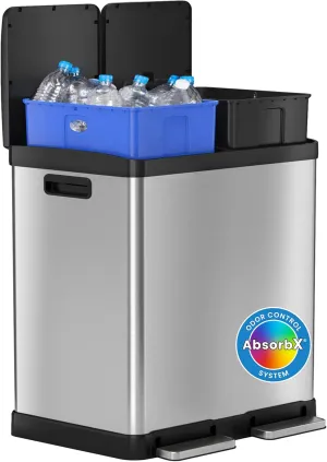 iTouchless SoftStep 16 Gal Step Trash Can & Recycle Bin with Double Odor Control Systems, Stainless Steel, 2 x 8 Gallon (30L) Removable Color-Coded Buckets, Soft Close and Airtight Seal