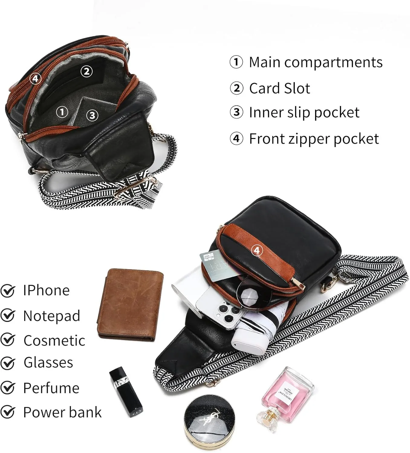 LAORENTOU Designer Crossbody Bag for Women,Medium Sling Bags with Zipper, Chest Bag with Adjustable Shoulder Strap