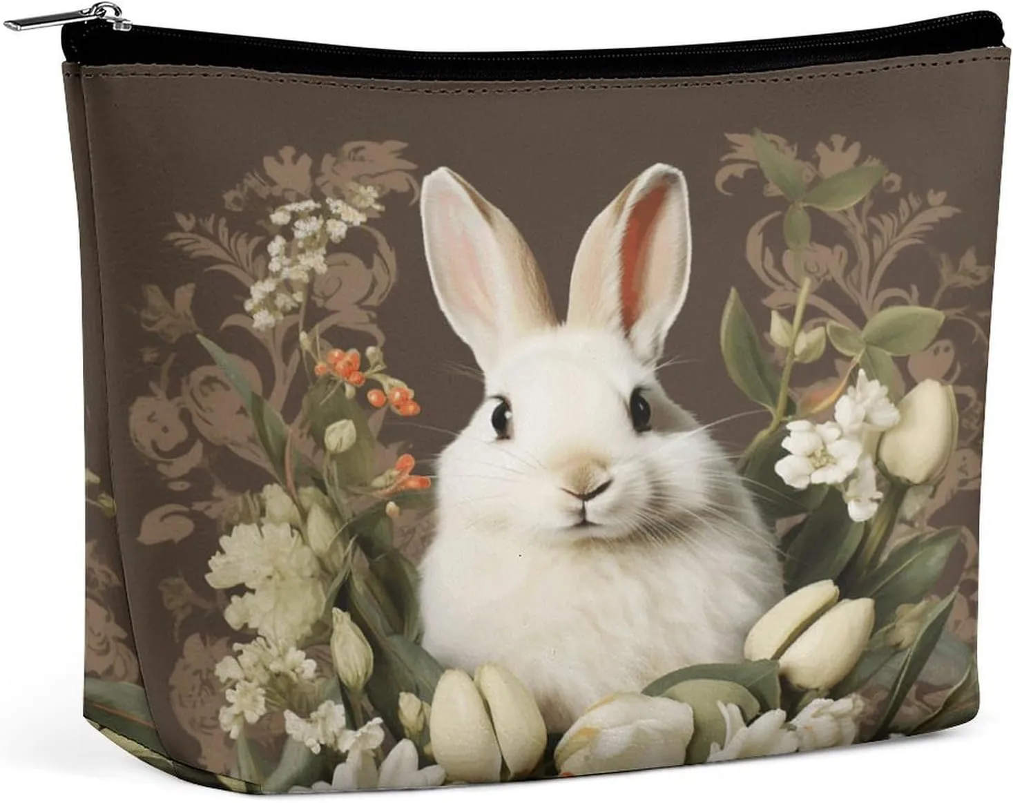 Large Capacity Makeup Bags for Women Portable Leather with Zipper Travelling Makeup Bag A Beautiful White Rabbit Printed