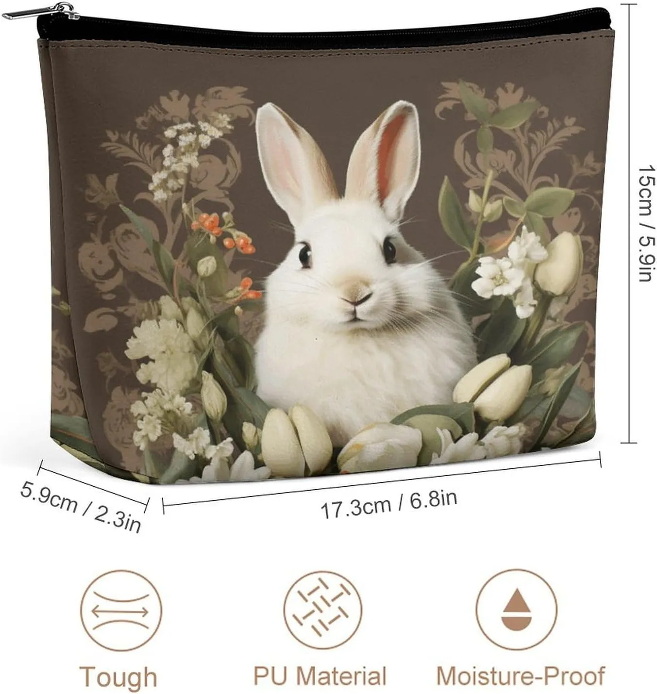 Large Capacity Makeup Bags for Women Portable Leather with Zipper Travelling Makeup Bag A Beautiful White Rabbit Printed