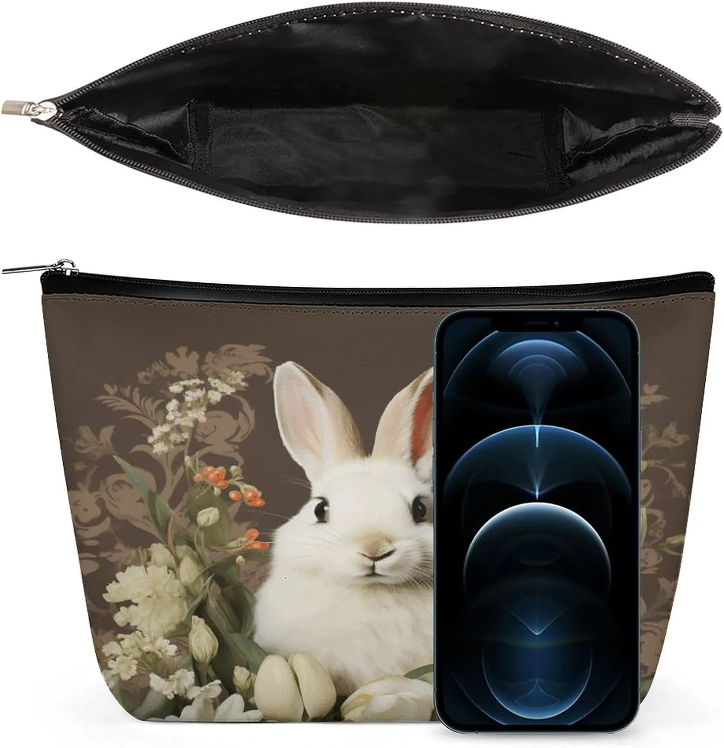 Large Capacity Makeup Bags for Women Portable Leather with Zipper Travelling Makeup Bag A Beautiful White Rabbit Printed