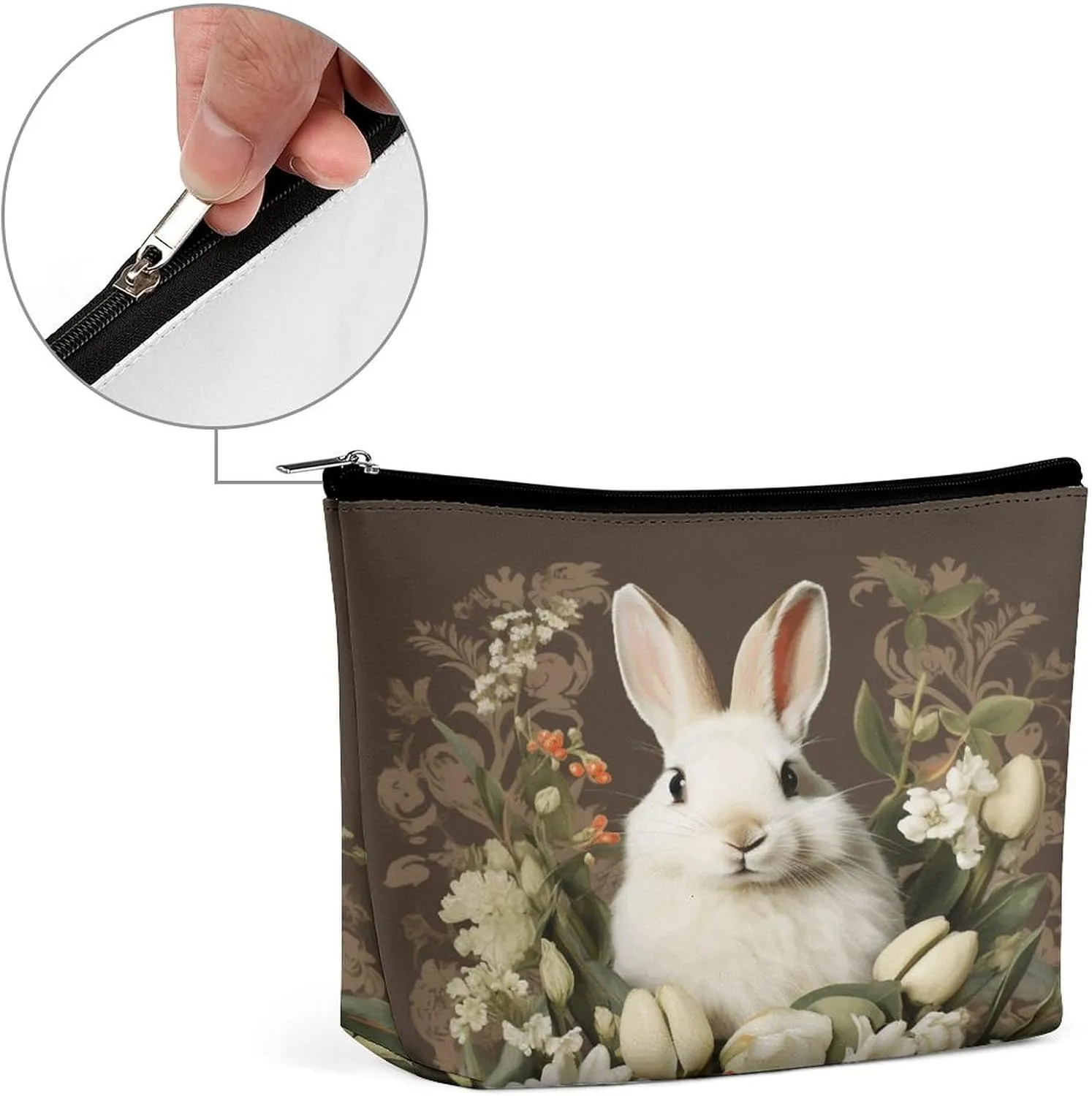 Large Capacity Makeup Bags for Women Portable Leather with Zipper Travelling Makeup Bag A Beautiful White Rabbit Printed