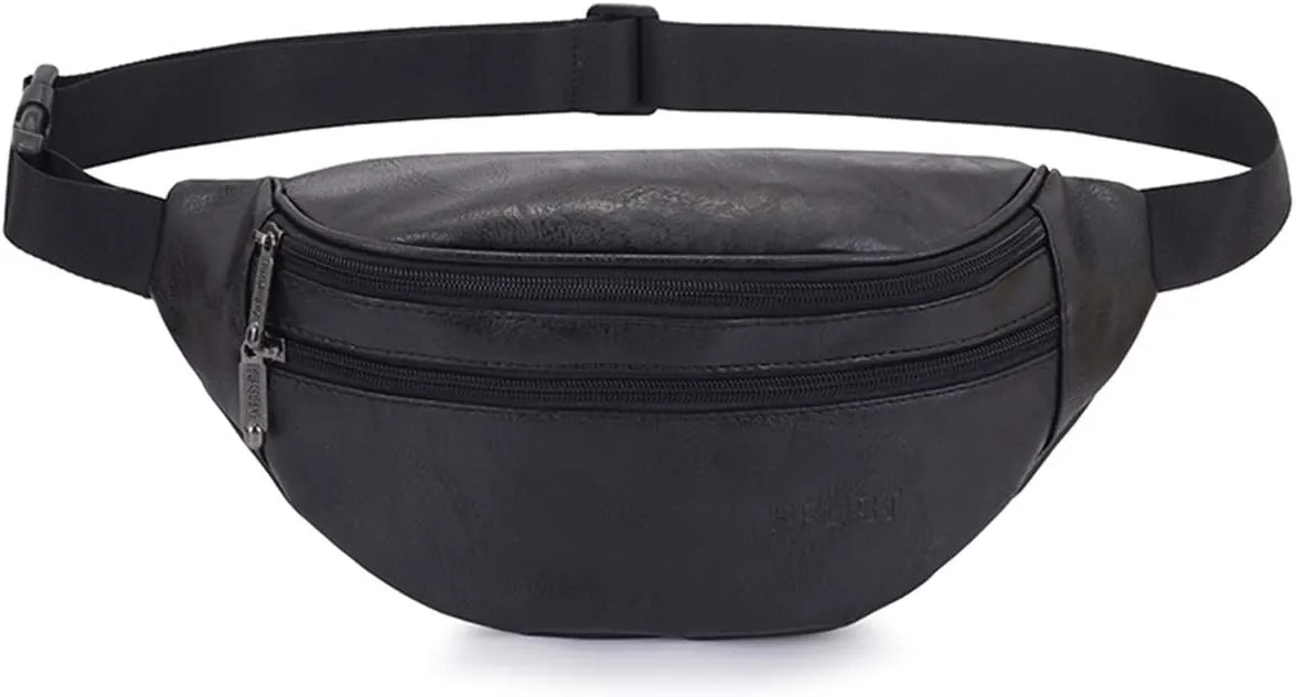 Leather Fanny Pack for Women Men Fashion Sling Crossbody Bag Travel Trip Bag (Black leather)
