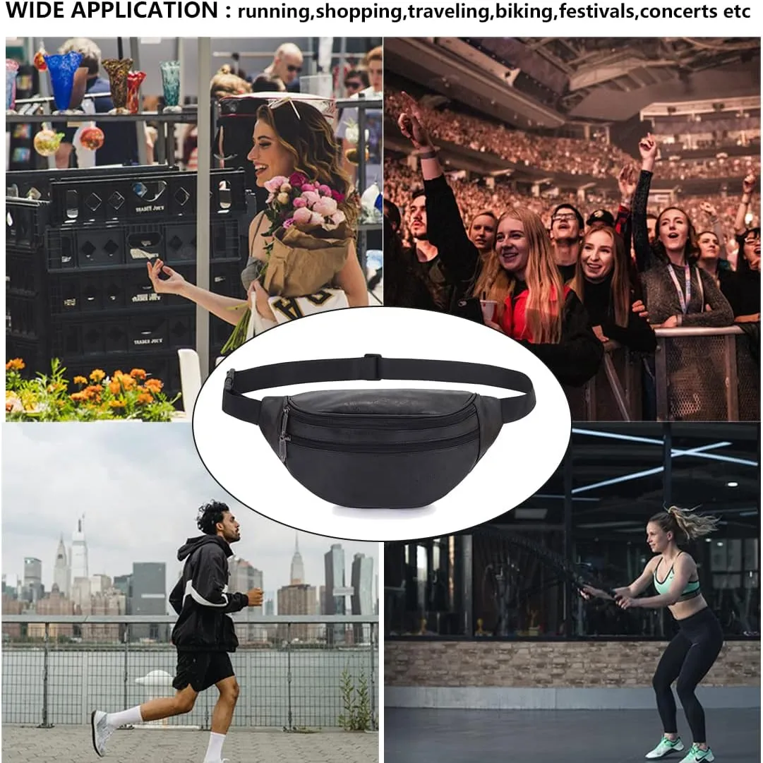 Leather Fanny Pack for Women Men Fashion Sling Crossbody Bag Travel Trip Bag (Black leather)