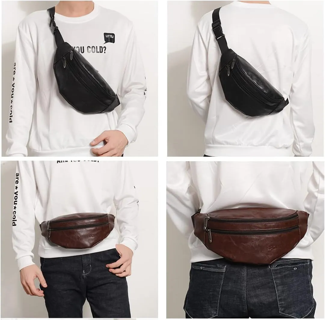 Leather Fanny Pack for Women Men Fashion Sling Crossbody Bag Travel Trip Bag (Black leather)