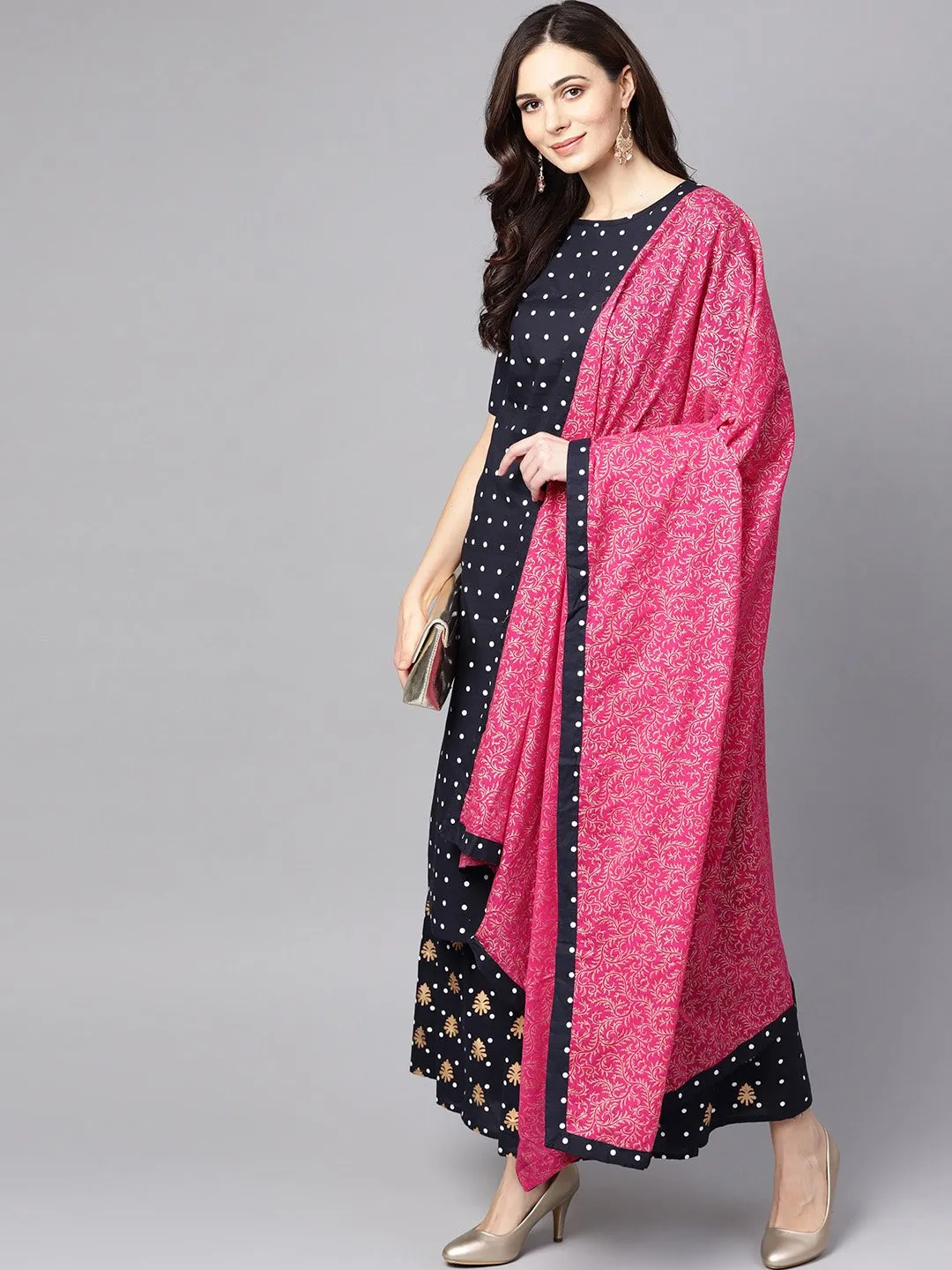 Navy Blue Three Piece Kurta Set With Palazzo & Megenta Dupatta