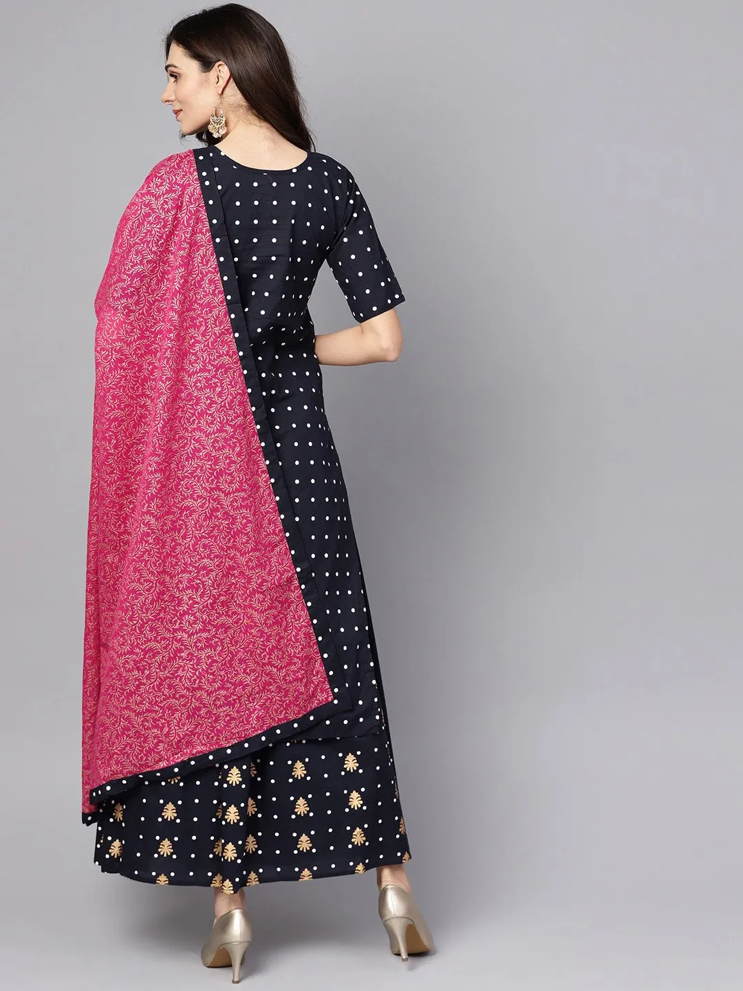 Navy Blue Three Piece Kurta Set With Palazzo & Megenta Dupatta