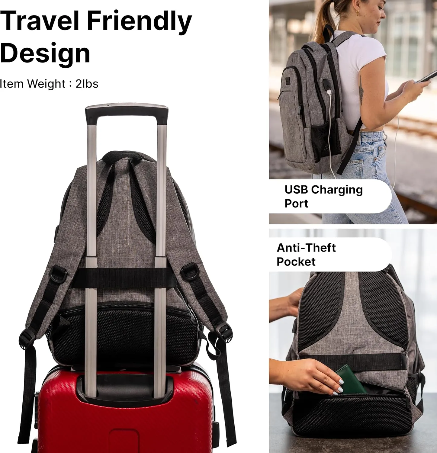 (Not Made In China) Travel Laptop Backpack, Water Resistant and Anti-Theft Carry On Bookbag With USB Charging Port, Fits up to 15.6 Inch Computer, Bookbag For Men Women (Magellan, Gray, 1 Pack)