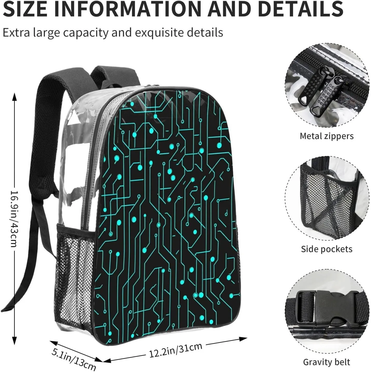 OSAM SPACE Circuit Board Blue Clear Backpack for Stadium Events Heavy Duty PVC Transparent Backpack See Through Bag Large Capacity Clear Backpacks for Women Men (16Inch)