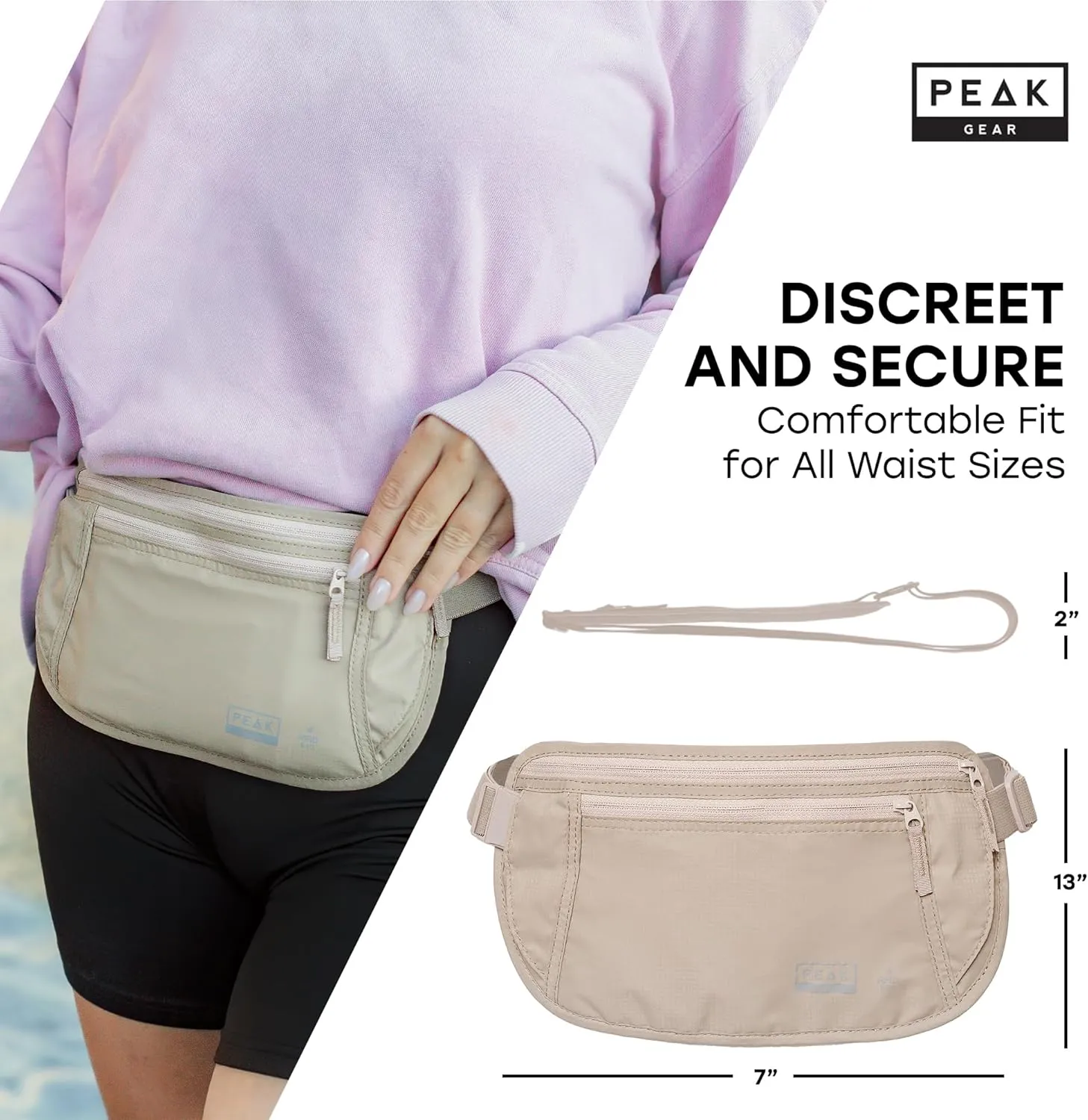 Peak Gear Money Belt for Travel - Large Size with RFID Blocking, Water-Resistant Nylon, and YKK Zippers (Beige, Large)