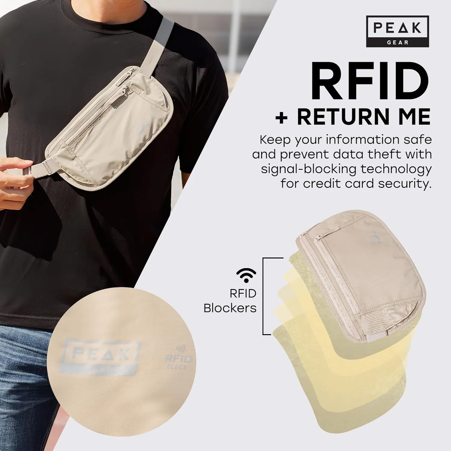 Peak Gear Money Belt for Travel - Large Size with RFID Blocking, Water-Resistant Nylon, and YKK Zippers (Beige, Large)
