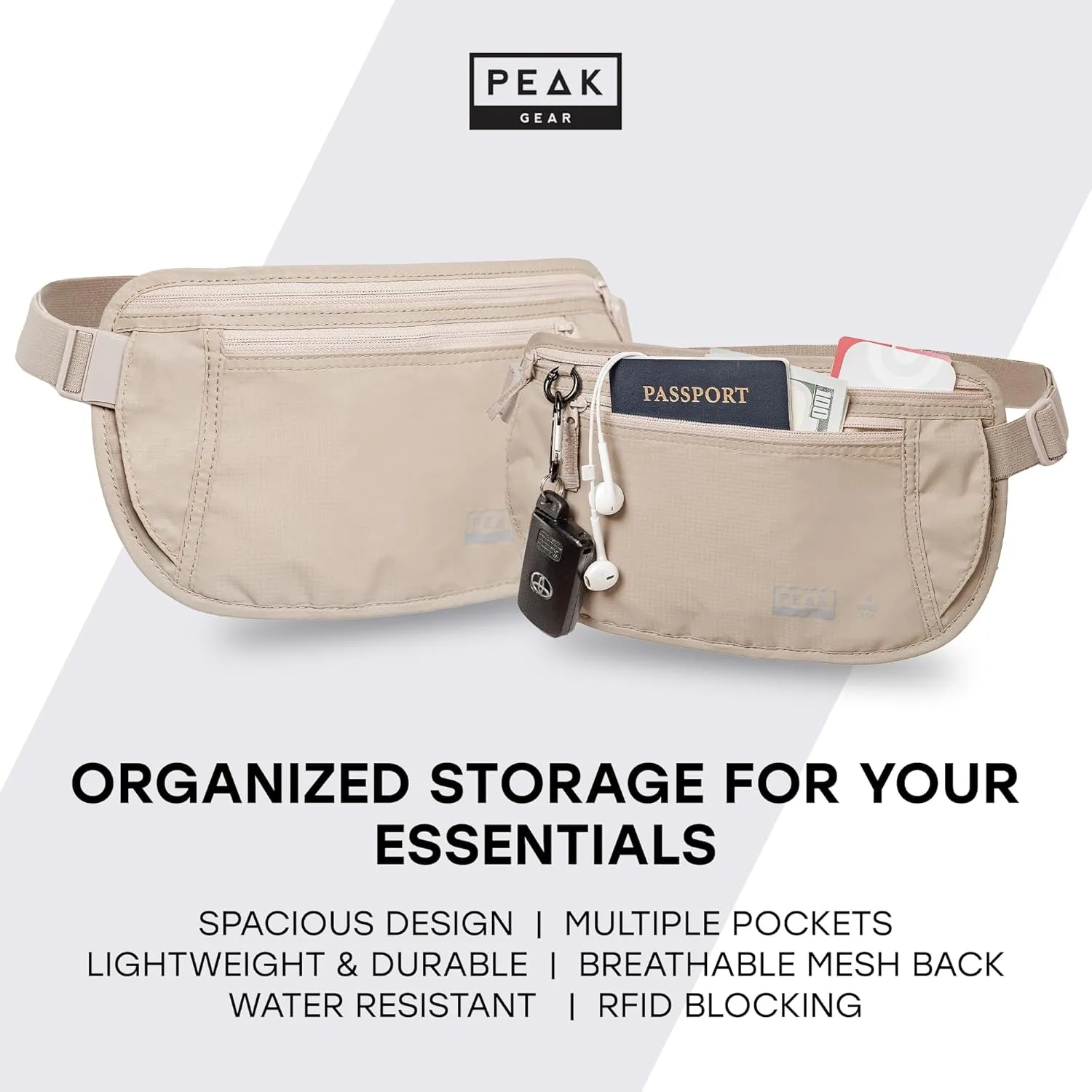 Peak Gear Money Belt for Travel - Large Size with RFID Blocking, Water-Resistant Nylon, and YKK Zippers (Beige, Large)