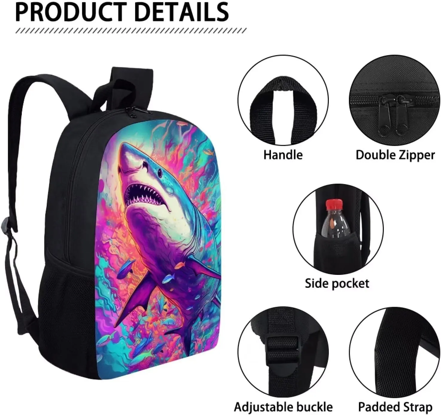 PinUp Angel Blue Purple Shark Backpack For School Bag Kids Cool Magical Animal Bag For Children Boys and Girls Bookbag
