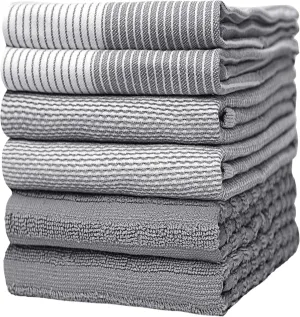 Premium Kitchen Towels (20x 28, 6 Pack) | Large Cotton Kitchen Hand Towel | Flat & Terry Dish Cloths | Highly Absorbent Tea Towels Set with Hanging Loop | Gray