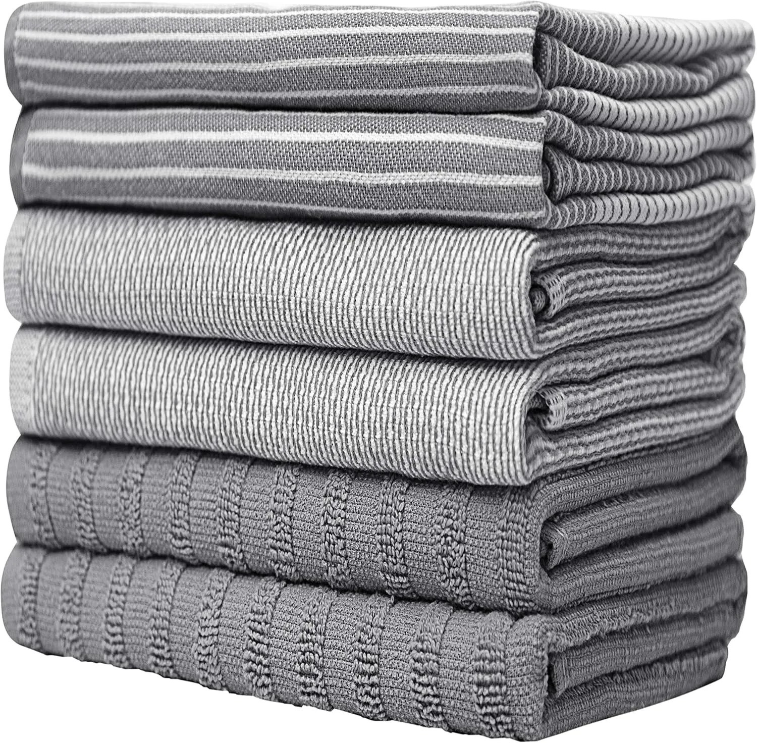 Premium Kitchen Towels (20x 28, 6 Pack) | Large Cotton Kitchen Hand Towel | Flat & Terry Dish Cloths | Highly Absorbent Tea Towels Set with Hanging Loop | Gray