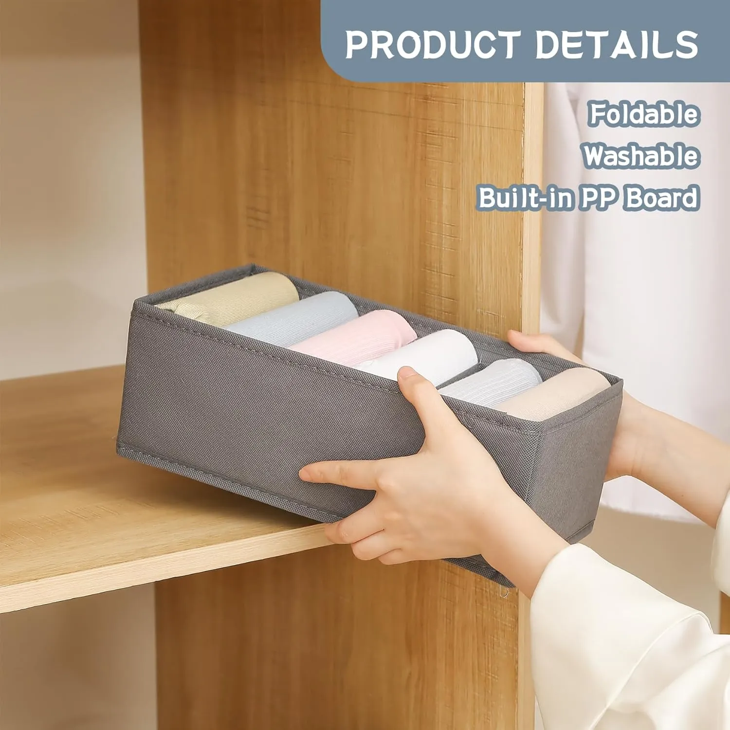 Qozary 3 Pack Sock Underwear Drawer Organizer Dividers, Non-Woven Fabric Collapsible Cabinet Closet Storage Boxes for Clothes, Socks, Lingerie, Underwear, Tie, Belt, Baby, Bedroom (Gray, 6 Cells)