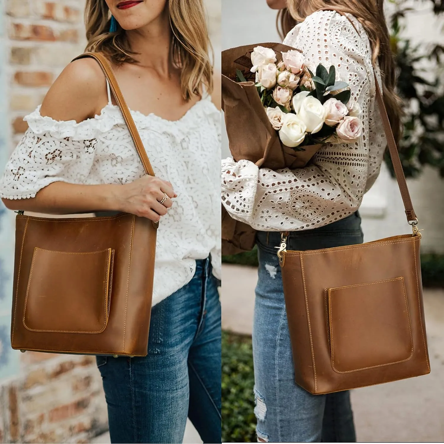 S-ZONE Women Vintage Genuine Leather Bucket Tote Bag Hobo Handbag Distressed Shoulder Purse