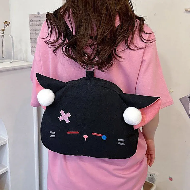 Sohiwoo Harajuku Funny Backpacks Women Embroidered Cartoon Cat Crossbody Shoulder Bags Female Large Capacity Students Bolso Mujer