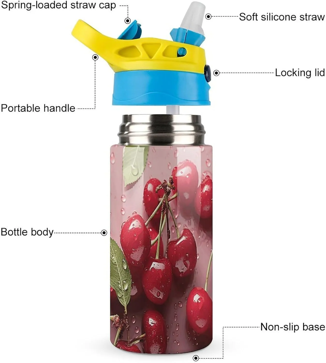 Stylish Stainless Steel Water Cup, Lovely Sweet Red Cherry Print Versatile Water Cup for Hiking, Travel, Sports