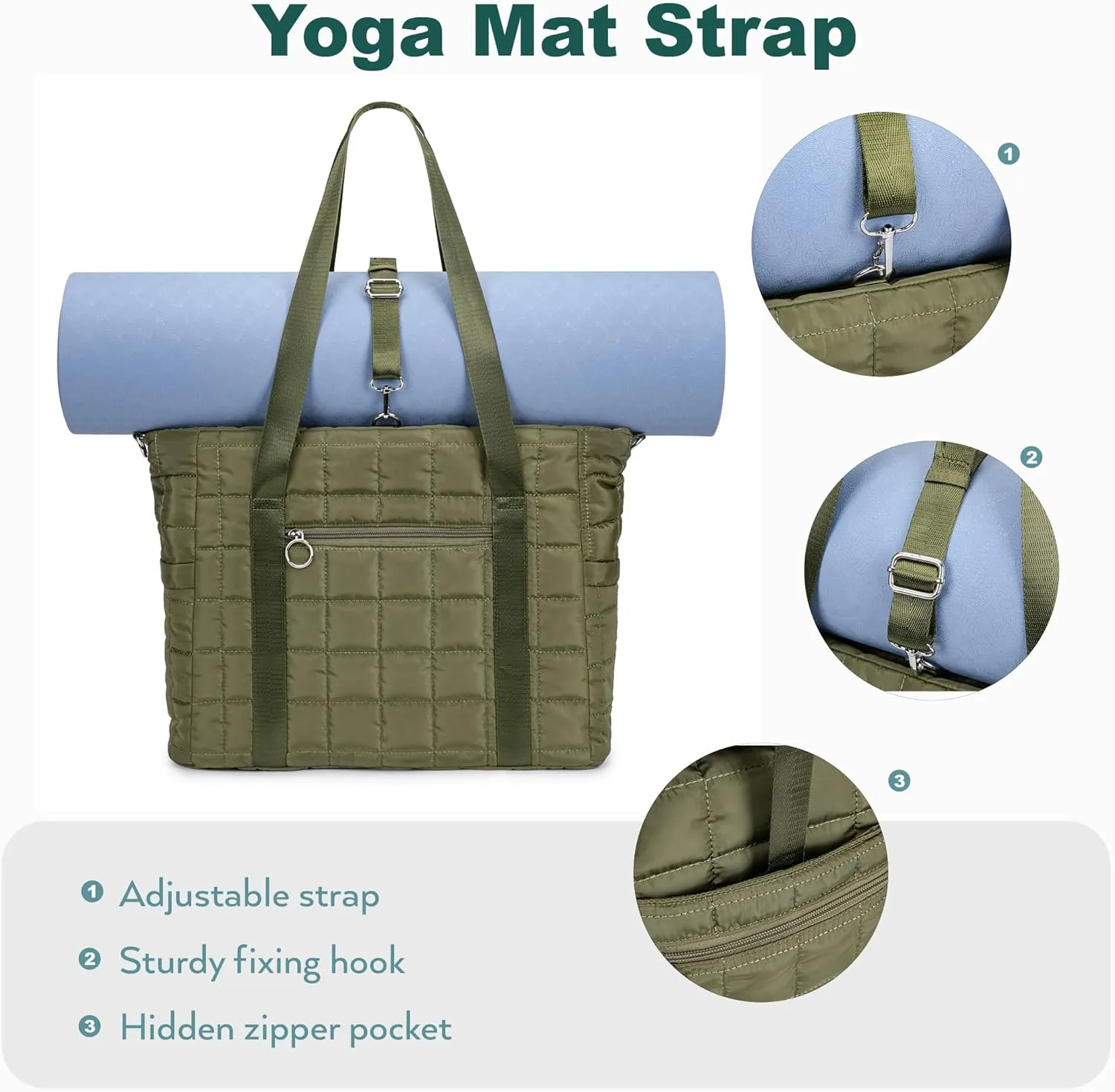 Tote Bag for Women with Zipper, Puffer Gym Tote with Yoga Mat Straps
